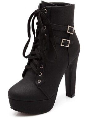 Women's Platform High Heel Sexy Round Toe Lace Up Mid Calf Black Combat Shoes